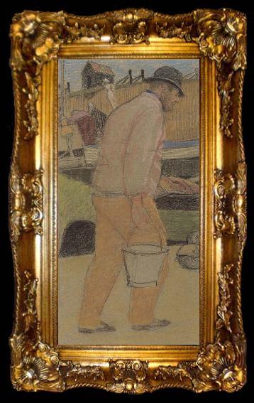 framed  Joseph E.Southall Fisherman with Bucket,Southwold, ta009-2